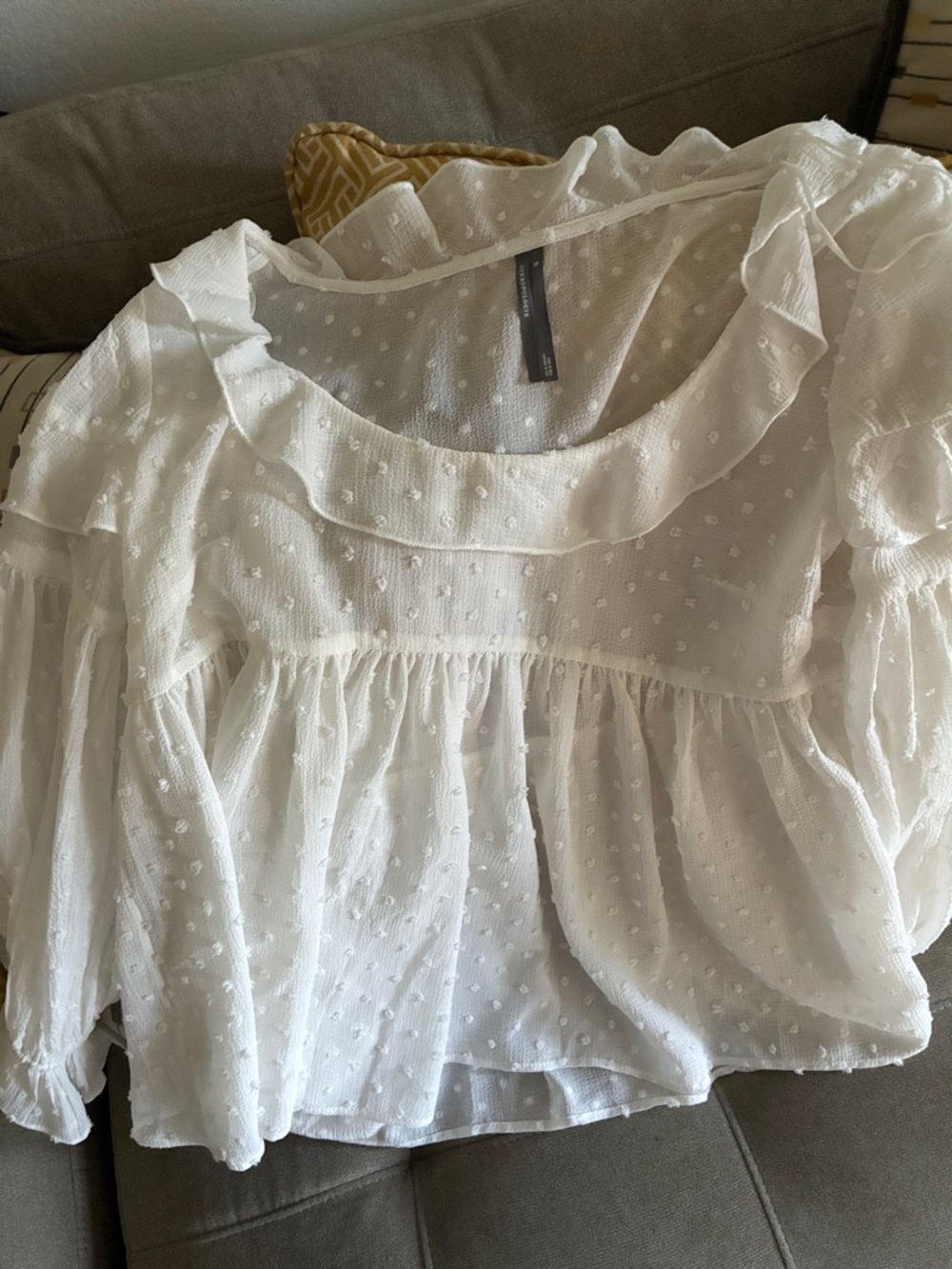 Anthropologie White Swiss Dot Ruffle Peasant Blouse